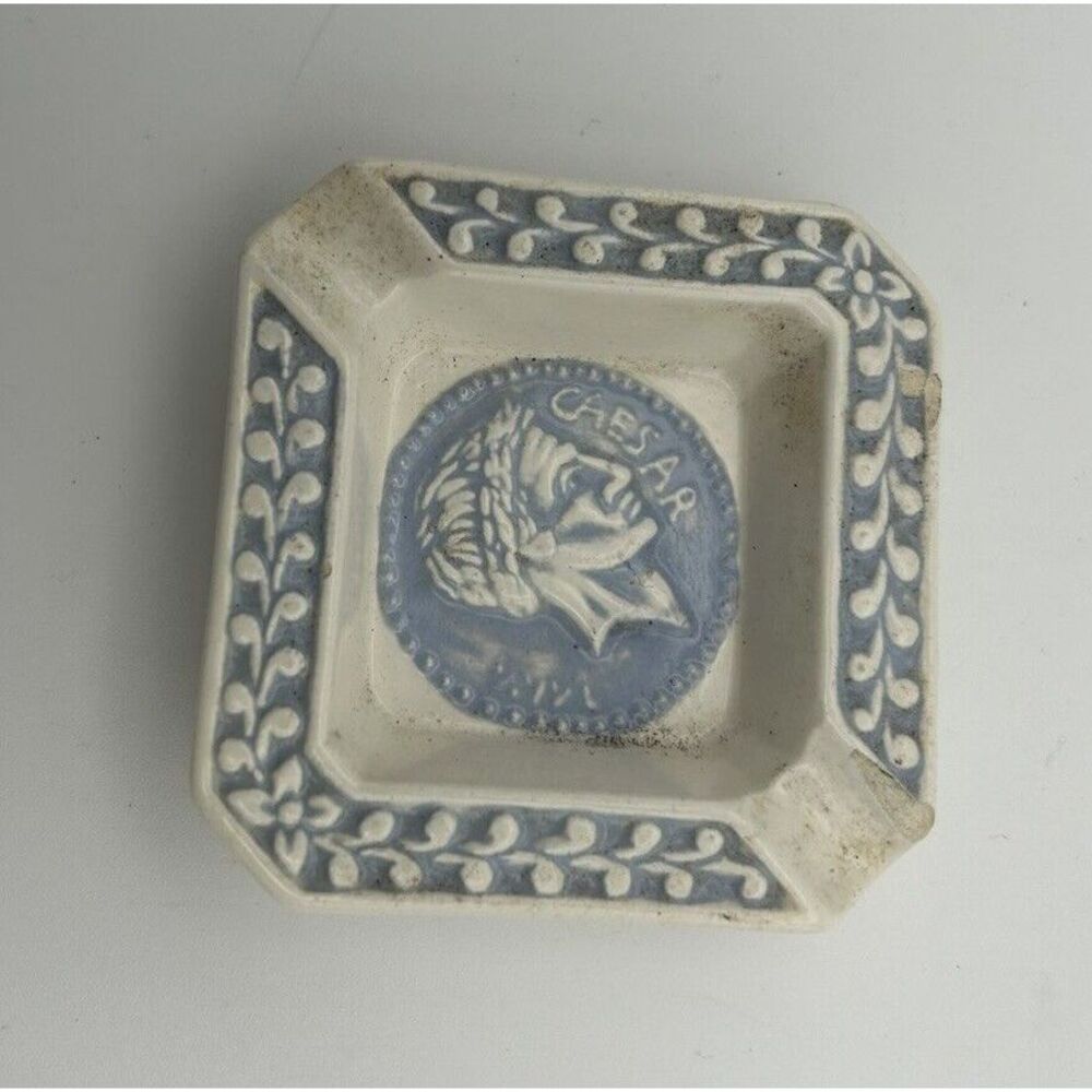 Vintage White w/ Blue Trim  Julius Caesar Ashtray Dated 1967 With Artist Initial
